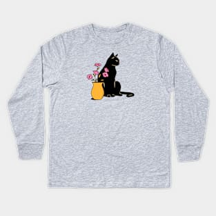 Playful Black Cat in blue Kids Long Sleeve T-Shirt